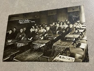 RPPC Room Four Public School Wauzeka Wisconsin 1913 Students Desks to Barnum Wis - Picture 1 of 7