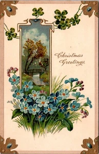 Postal de saludos de Navidad flores en relieve y esquinas doradas - Imagen 1 de 2