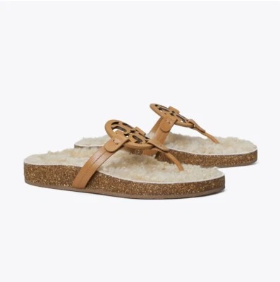 Tory Burch Miller Cloud Shearling Medallion Thong Beige Sandals Size 7.5 NIB - Image 1 of 4