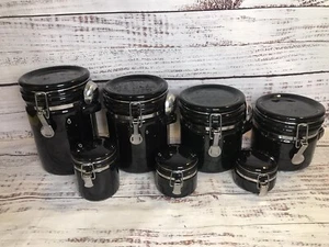 OGGI Black Ceramic Canister Set 7 Pieces Stainless Spoons Latch Missing 1 Spoon - Picture 1 of 9