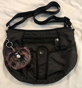 Kipling Cross Body Shoulder Bag Adjustable Strap Black Pockets Nylon w Monkey - Picture 1 of 8