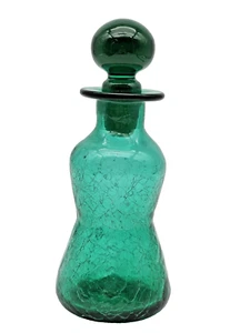 VTG Rainbow Glass MCM  Sea Green Crackle Glass 8" w/ Stopper Decanter Handblown - Picture 1 of 12