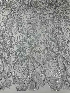 Palm Leaf Design Glitter Fabric - Silver/ White - Tulle Glitter Mesh Fabric Yard - Picture 1 of 5