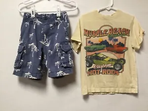 Boy Cargo Shorts & Shirt Set Size XS 4/4T Blue Palm Trees Graphic T-Shirt 207 - Picture 1 of 7