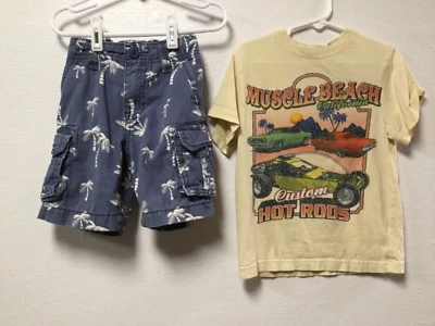 Boy Cargo Shorts & Shirt Set Size XS 4/4T Blue Palm Trees Graphic T-Shirt 207 - Image 1 of 4