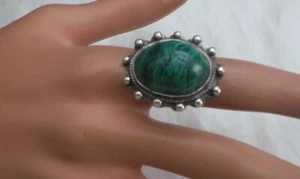 STERLING RING W, MALACHITE DOME BEZEL STONE RING SIZE 6 - Picture 1 of 6