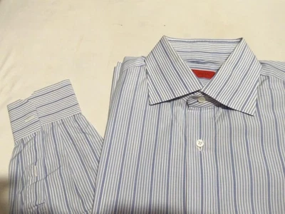 73- CAMISA ITALIANA A RAYAS AZUL ALGODÓN SEDOSO CLARO Isaia como nueva - 16/35 Foto 1 de 3