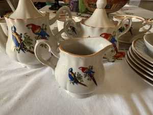 Dobrush Belarus Parrots Tea Set Cups, Saucers, Sugar Bowl Creamer Plates Teapot - Picture 1 of 10