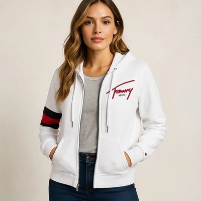 Tommy Hilfiger Sudadera con Capucha Mujer M Blanco Rayas Clásico Streetwear Sudadera Deportiva Foto 1 de 4