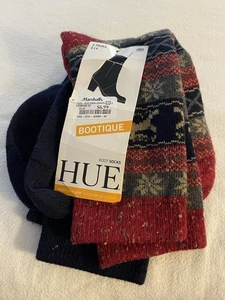 2 PAIR WOMENS NWT HUE FAIRISLE & SOLID NAVY SOFT BOOT SOCKS Made in USA - Picture 1 of 5