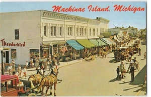 Main Street Scene MACKINAC ISLAND Michigan Horse Carriages 1960s Postcard - Picture 1 of 2