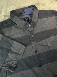 Volcom Cambro Shirt Mens Large Blue Gray Striped Short Sleeve Button Up Slim Fit - Picture 1 of 12