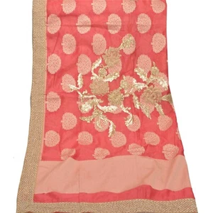 Sanskriti Vintage Dupatta Long Stole Art Silk Peach Embroidered Gota Work Veil - Picture 1 of 8