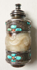 Flacon tabatière argent massif + jade + turquoise Chine silver bottle 19 s China