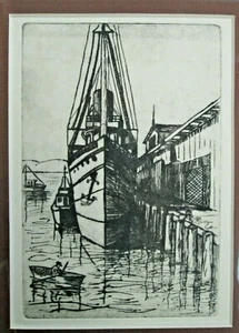Grabado de 1940 Will Frates - Artista de California - ENVÍO DE VAPOR EN DOCK. ¿Enmarcado San Francisco? - Imagen 1 de 5