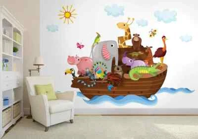 Baby bedroom wallpaper mural 100x72 inch animals Noahs Ark white background - Image 1 of 4