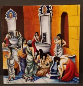 Large 10" X 10 Women at the Turkish Bath House Tile Hand-Painted Scene Vintage - Bild 1 von 11