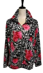 Activology Sweater Jacket Black White Pink Rose Print Soft Shell Full Zip Large - Picture 1 of 10