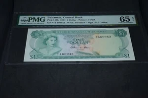 PMG Graded Bahamas, Central Bank Banknote Gem Unc 65 p35b 1974 1 $ - Bild 1 von 7
