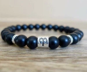 Black Onyx Matte Aries Zodiac Sign Bracelet Reiki Yoga Gift Crystal - Picture 1 of 4