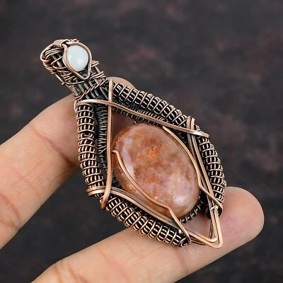 Colgante envuelto en alambre de piedra solar hecho a mano cobre ropa de fiesta joyería 2,95" Foto 1 de 4