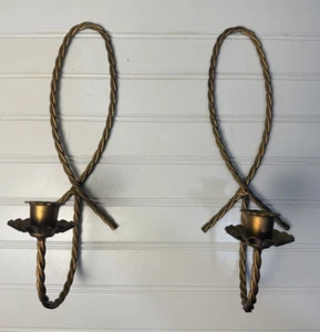 Vintage Paar Gold gedrehtes Seil Metall Wand Kerzenhalter Wandleuchter Kandelaber - Bild 1 von 9