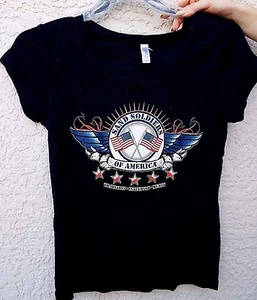 Bella Girls Black Short Sleeve T-Shirt Sand Soldiers Of America Flag W/Wings L - Picture 1 of 5