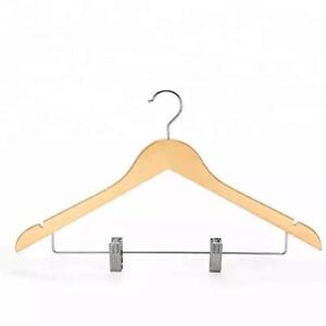Natural Wooden Hanger With Cushion Clips & Notches For Cloths Pack Of 10