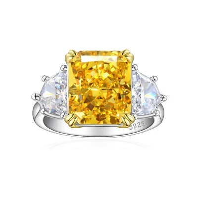 Anel feminino de prata esterlina 925 8 quilates 10x12 mm corte radiante grande pedra amarela brilhante - Imagem 1 de 4