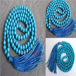 6mm Dark Blue Turquoise Knot Tassel 108 Bead Mala Necklace Yoga zazen - Picture 1 of 6