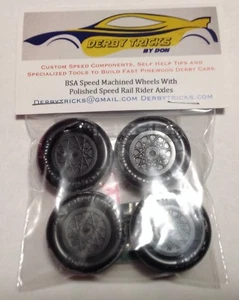 Pinewood Derby Lightly Lathed & polished Speed Wheels & Bent Rail Rider Axles - Picture 1 of 8