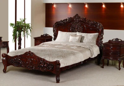 Doppelbett mit Lattenrost 140x200 cm Rokoko Barock Stil Bett Massivholz 78249