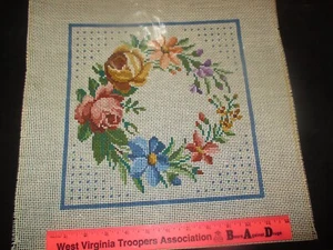 NOOP Vintage WREATH Of PURPLE BLUE PINK YELLOW FLOWERS NEEDLEPOINT CANVAS-1980's - Picture 1 of 1