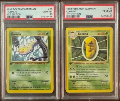 PSA 10 HORNLIU & KOKUNA WEEDLE & KAKUNA 1ST EDITION GERMAN BASE SET POKEMON - Image 1 of 4