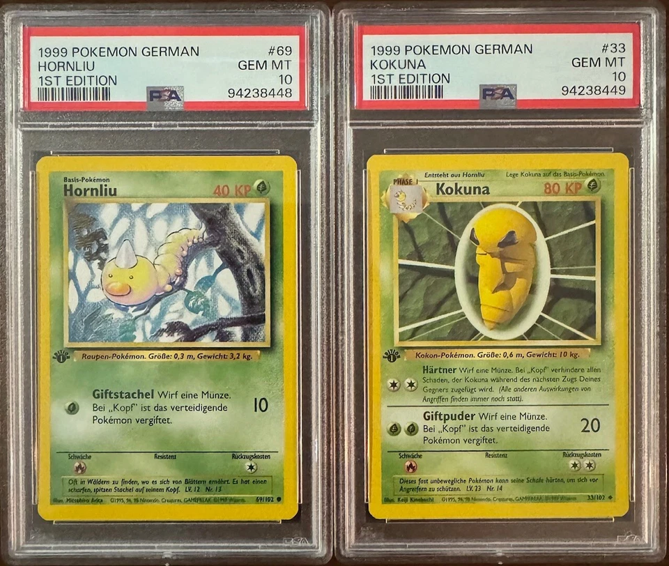 SEQUENTIAL PSA 10 HORNLIU KOKUNA WEEDLE KAKUNA 1ST ED GERMAN BASE SET POKEMON - Image 1 of 4