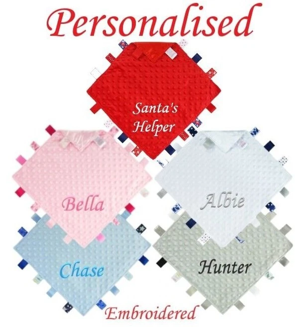 PERSONALISED BABY TAGGIE TAGGY COMFORTER BLANKET FLEECE SOFT SATIN BOY GIRL  - Image 1 of 1