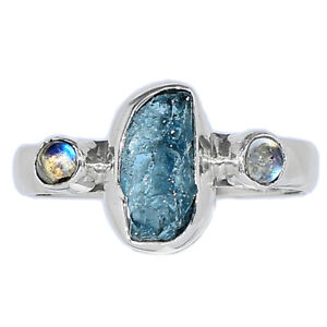 Aquamarine Rough - Brazil & Moonstone 925 Silver Ring Jewelry s.9 BR133956