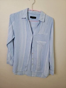 Tahari Women Blue White Vertical Stripe Long Sleeve Button Down Shirt Size L - Picture 1 of 5