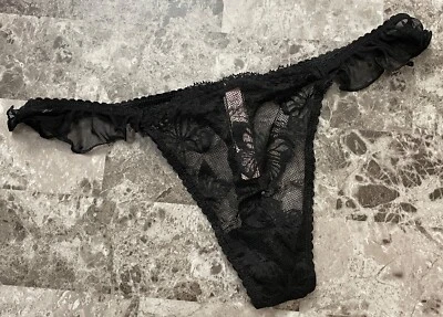 NWT VICTORIA'S SECRET BLACK BUTTERFLY POLKA DOT MESH RUFFLE LACE THONG PANTIES - Image 1 of 4