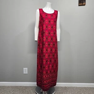 VTG 90s Style & Co 100% Linen Maxi Shift Dress Size 10 Red Southwestern Aztec - Picture 1 of 7