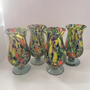 RARE set of 4 Hand Blown Confetti Glass Hurricane Wine Goblet Mexico Carnival - Picture 1 of 8