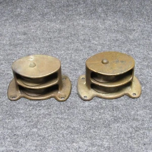2 Double Brass Pulleys Small Nautical 1-1/2" Vintage Marine Flange Mounts - Picture 1 of 4