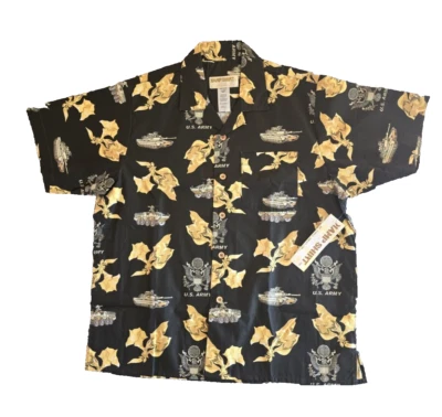 US Army Camp Shirt Mens XL Black Hawaiian  Floral Tank Stryker Eagle Crest Kamp - Image 1 of 4