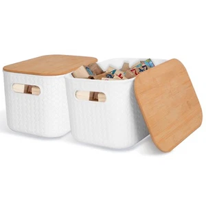 2x Multi-Purpose Storage Bins w/ Bamboo Lids Stackable Plastic Storage Container - Picture 1 of 14