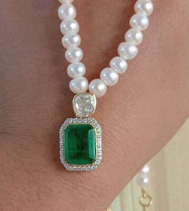 Doublet Emerald Moissanite Pearl Handmade Necklace Jewelry,Silver Necklace Gift - Picture 1 of 5