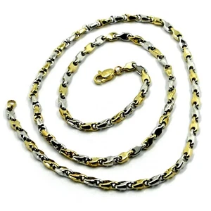 18K WHITE YELLOW GOLD CHAIN NECKLACE ALTERNATE DROP ONDULATE TUBE LINKS, 23.6" - Picture 1 of 12