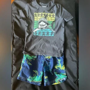 GUC Osh Kosh Boys Rash Guard & Swim Trunks Shark 5T Black Green Blue yellow - Picture 1 of 8