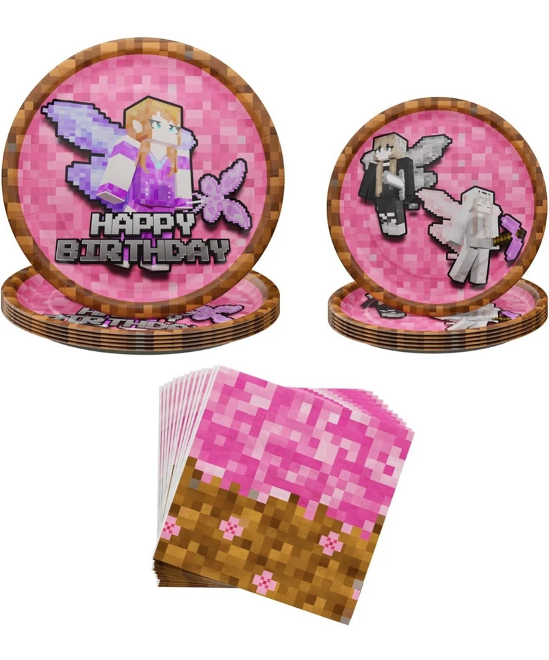 Pink Pixel Girl Birthday Party Plates Napkins Set Minecraft Party Supplies - Image 1 of 3