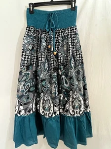 Lapis Boho Paisley Skirt Women’s OS Teal Black Beaded Ruffle Knee Length Peasant - Picture 1 of 5