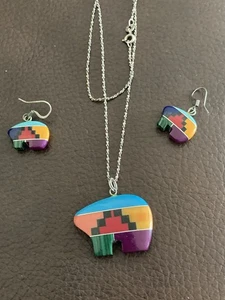 Native American Zuni Bear Necklace And Earrings - Picture 1 of 6